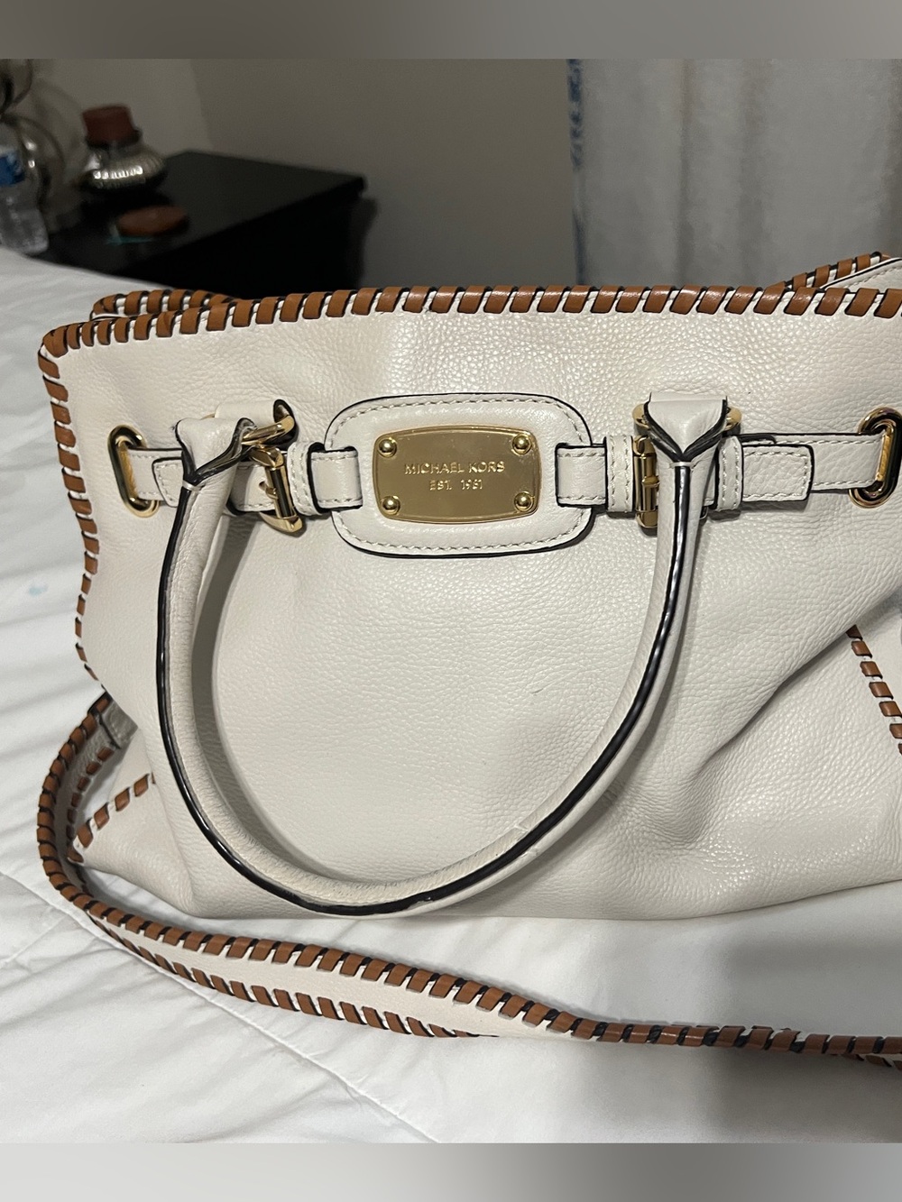 Michael Kors Cream Leather Shoulder Bag with Tan Whipstitch Trim